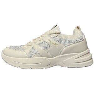Guess Welna Womens 10 M Beige Ivory Logo LaceUp Rhinestone Sneaker Stretch Shoes